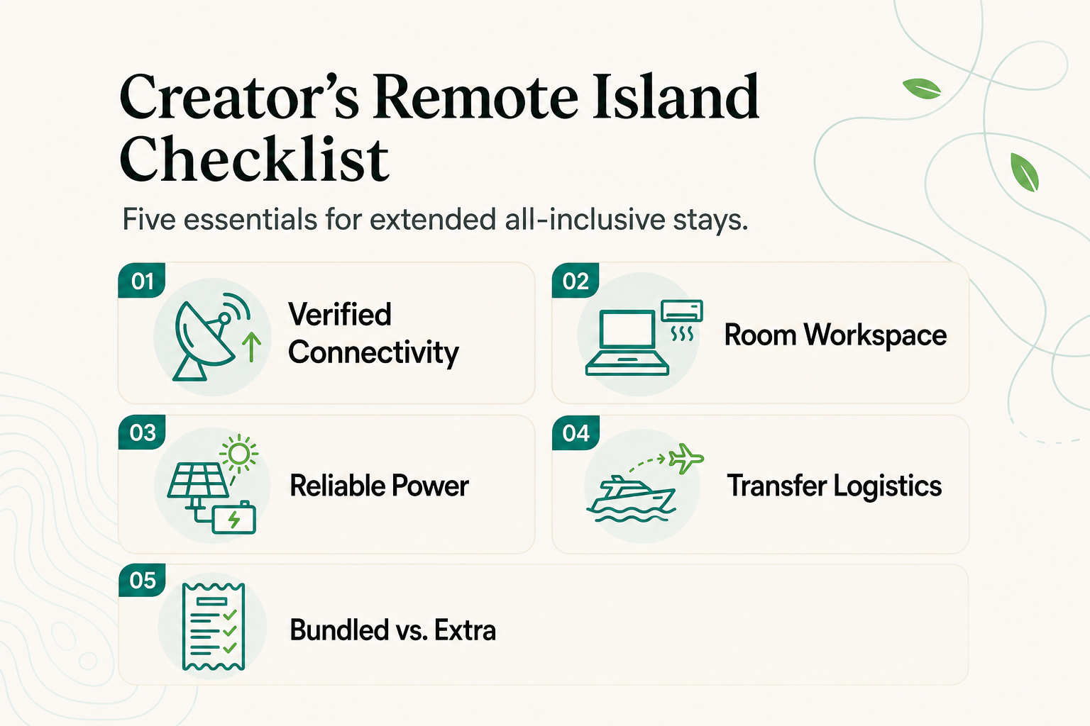 Booking All-Inclusive as a Content Creator: What Remote Island Packages Should Cover for Extended Stays - infographic