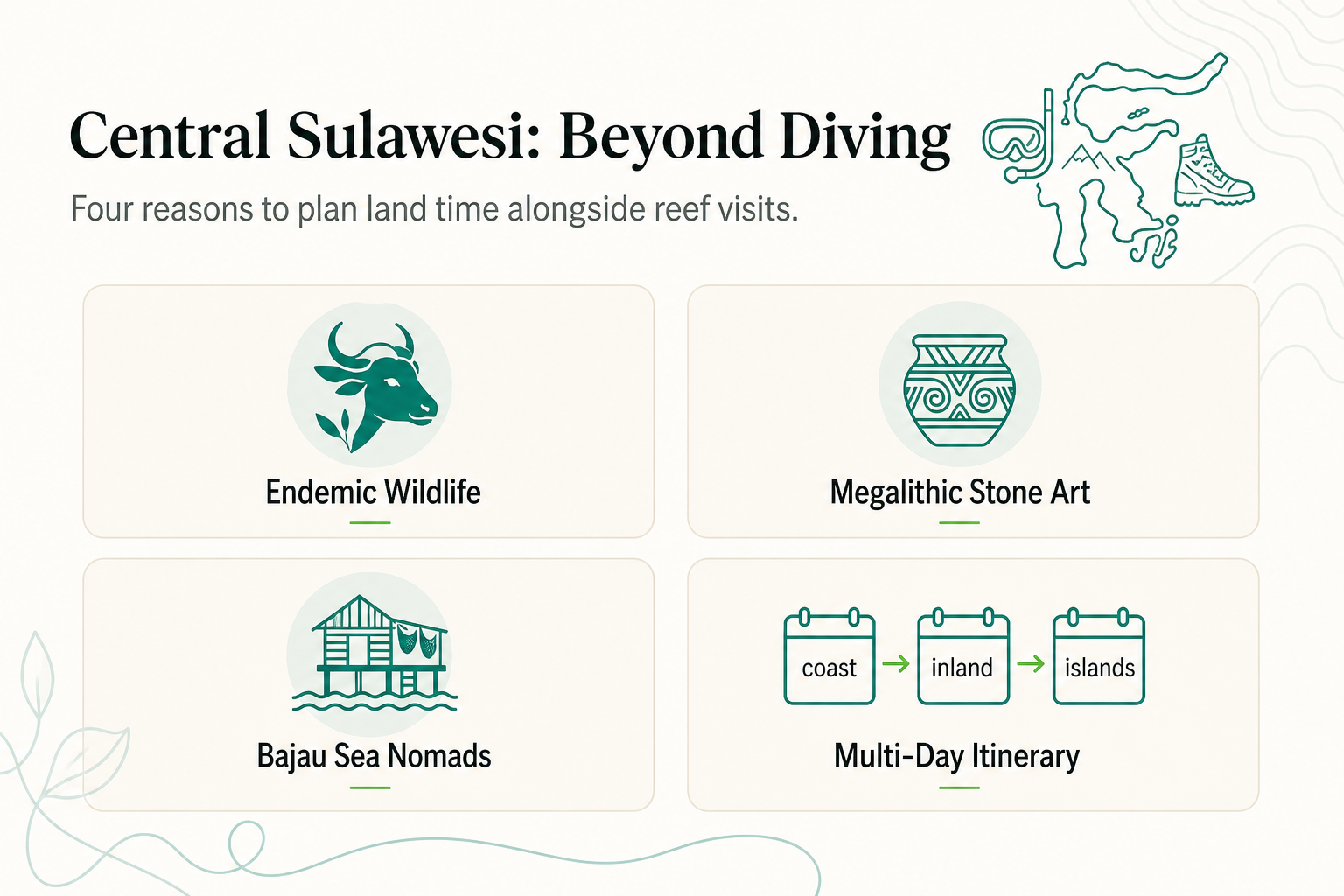 Zentralsulawesi jenseits des Tauchens: Landausflüge, Tierwelt und Kultur, die vor dem Flug recherchiert werden sollten - Infografik