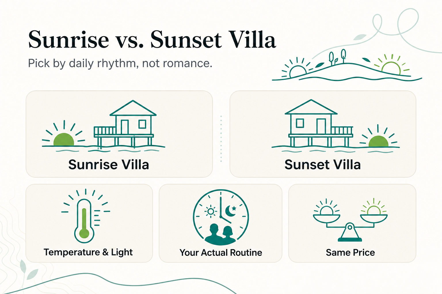 Choosing Between Sunrise Villa and Sunset Villa for a Couples' Trip: What the View Actually Changes - infographic