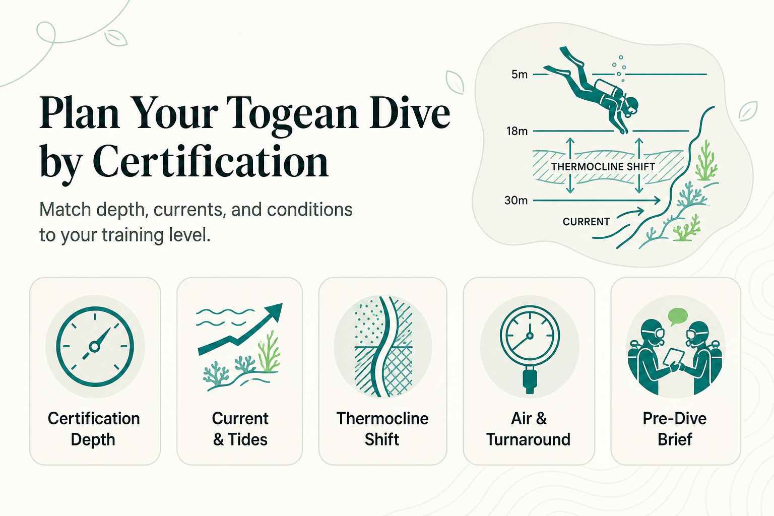 Stromingen, Thermoclines en Dieptegrens: Hoe je Ervaringsniveau je Duikplan in de Togeans Moet Bepalen - infographic