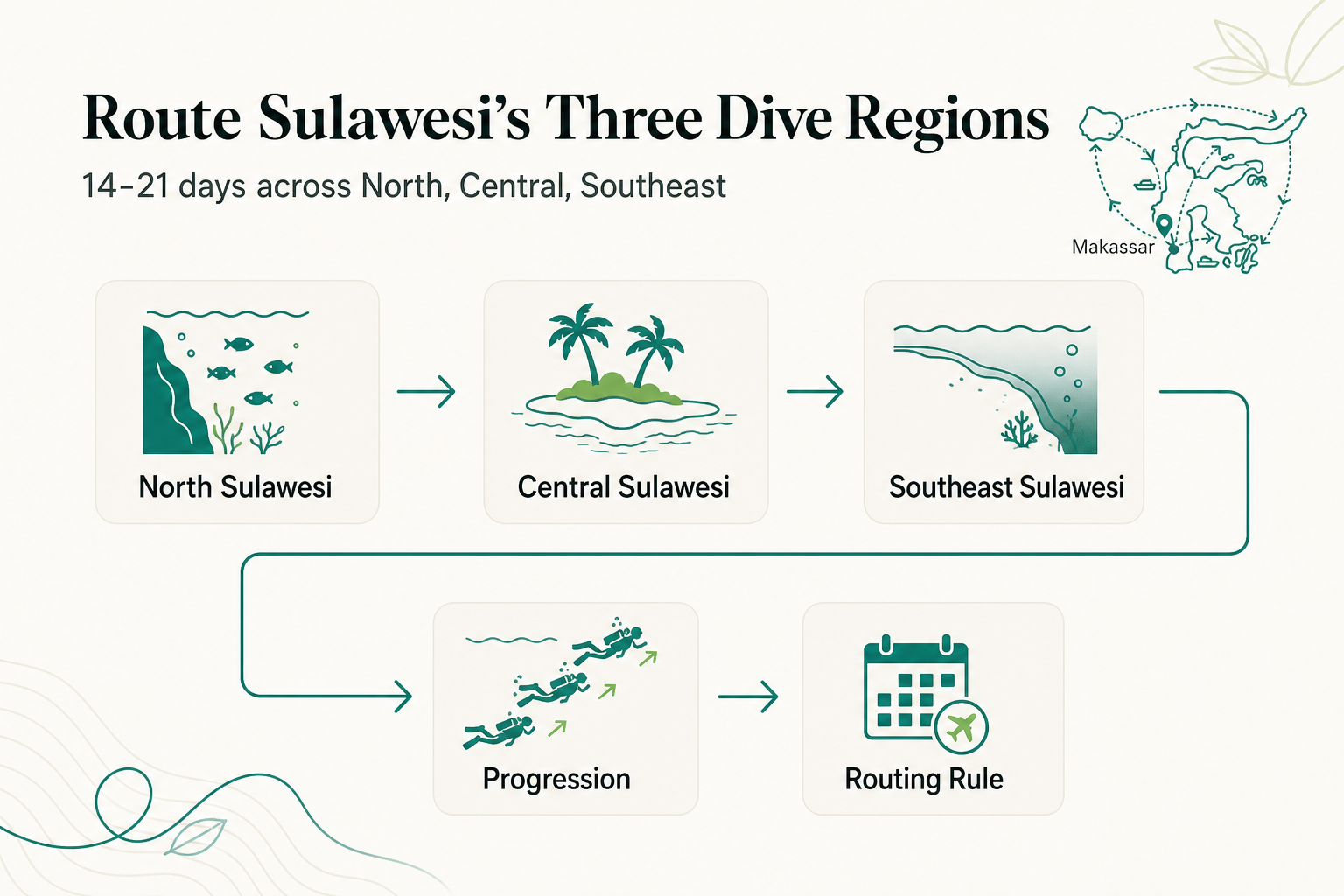 How to Combine Sulawesi's Diving and Snorkeling Regions in One Trip: Routing North, Central, and Southeast Sulawesi for 2026 - infographic