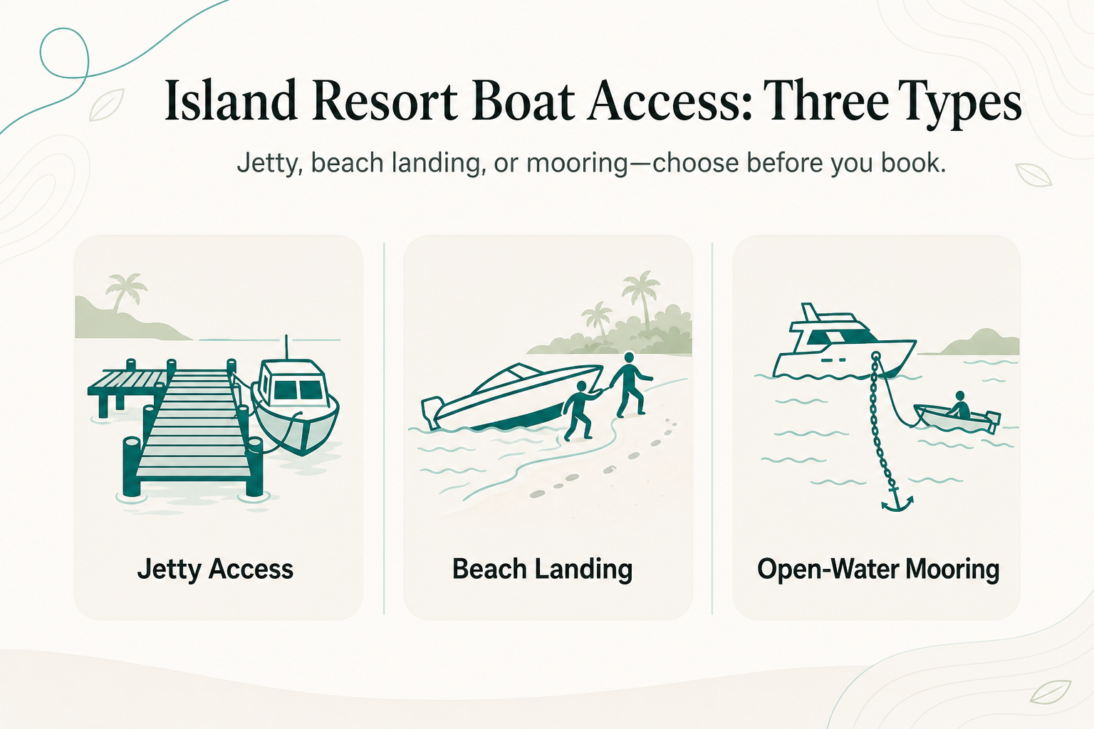 How to Shortlist an Island Resort by Boat Access Alone: Jetty, Beach Landing, or Open-Water Mooring - infographic