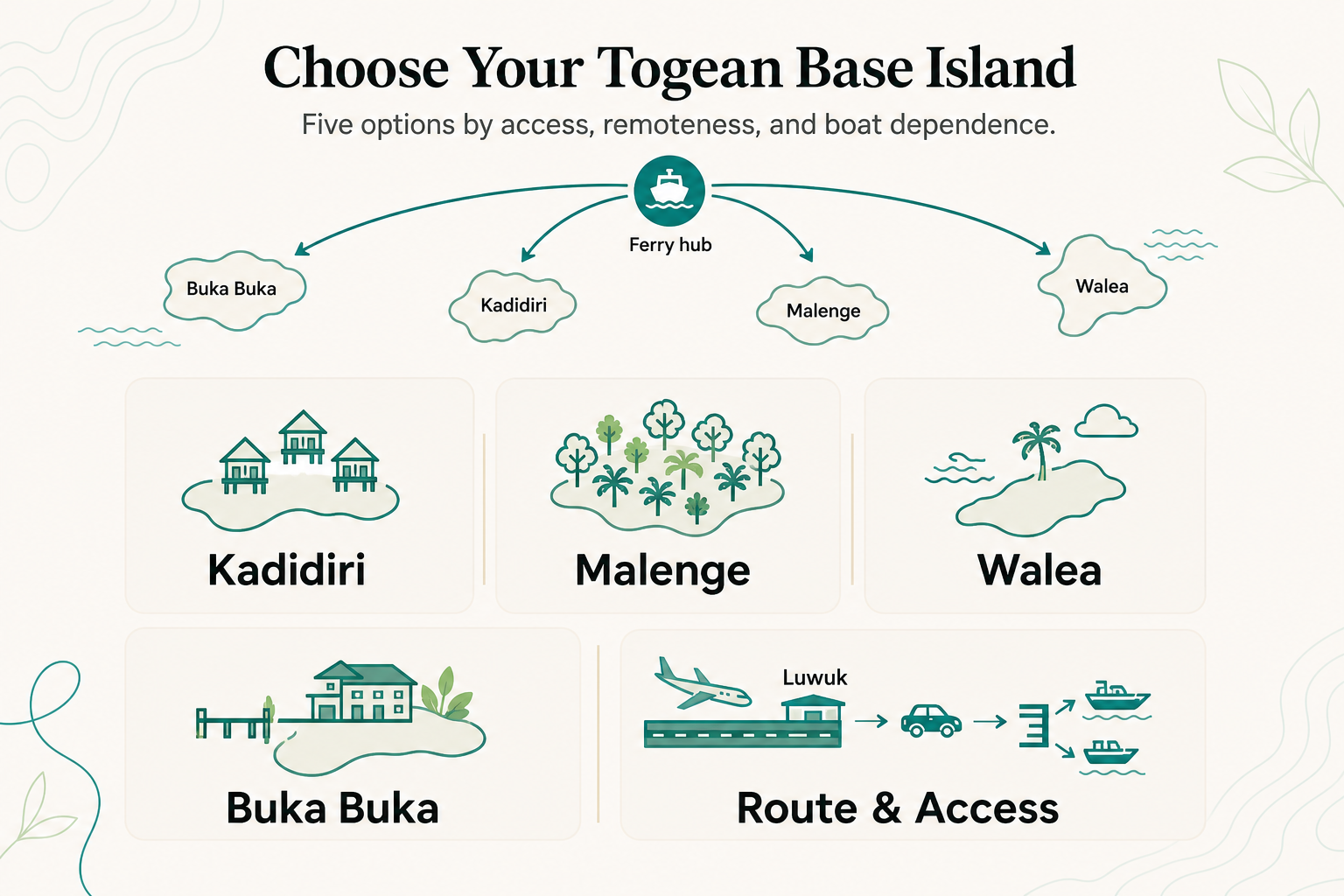 Kadidiri, Malenge, Walea, or Buka Buka: How to Choose Your Base Island in the Togeans for 2026 - infographic