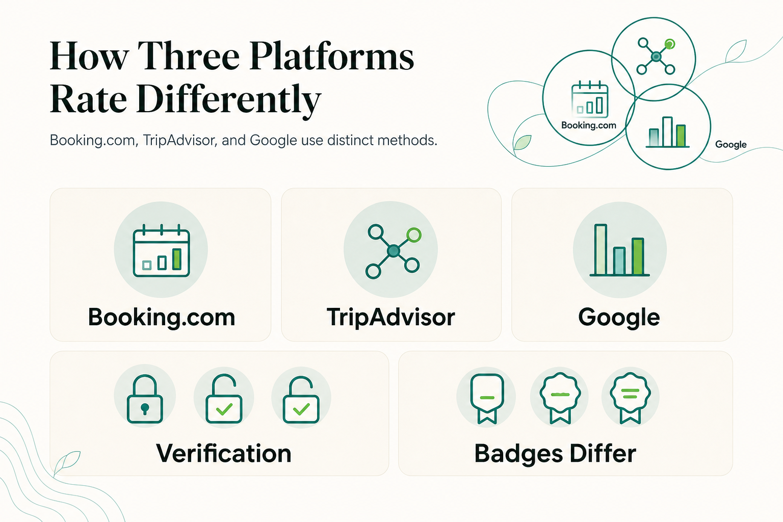 What a Guest-Favorite Rating on Booking.com, TripAdvisor, and Google Actually Measures Differently - infographic